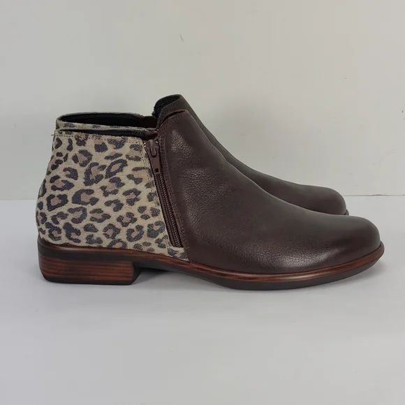 NAOT HELM BROWN LEATHER CHEETAH PRINT SUEDE SIDES ZIP BOOTIES WOMEN'S 42 L 11 - Picture 3 of 11